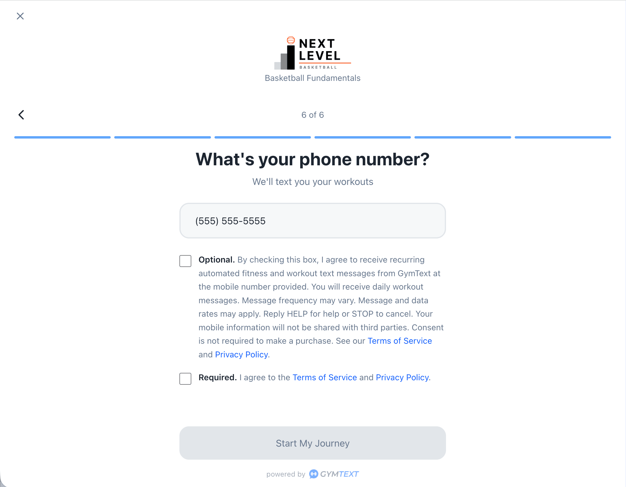 Phone-number question with both consent boxes unchecked. The Start My Journey button is disabled.