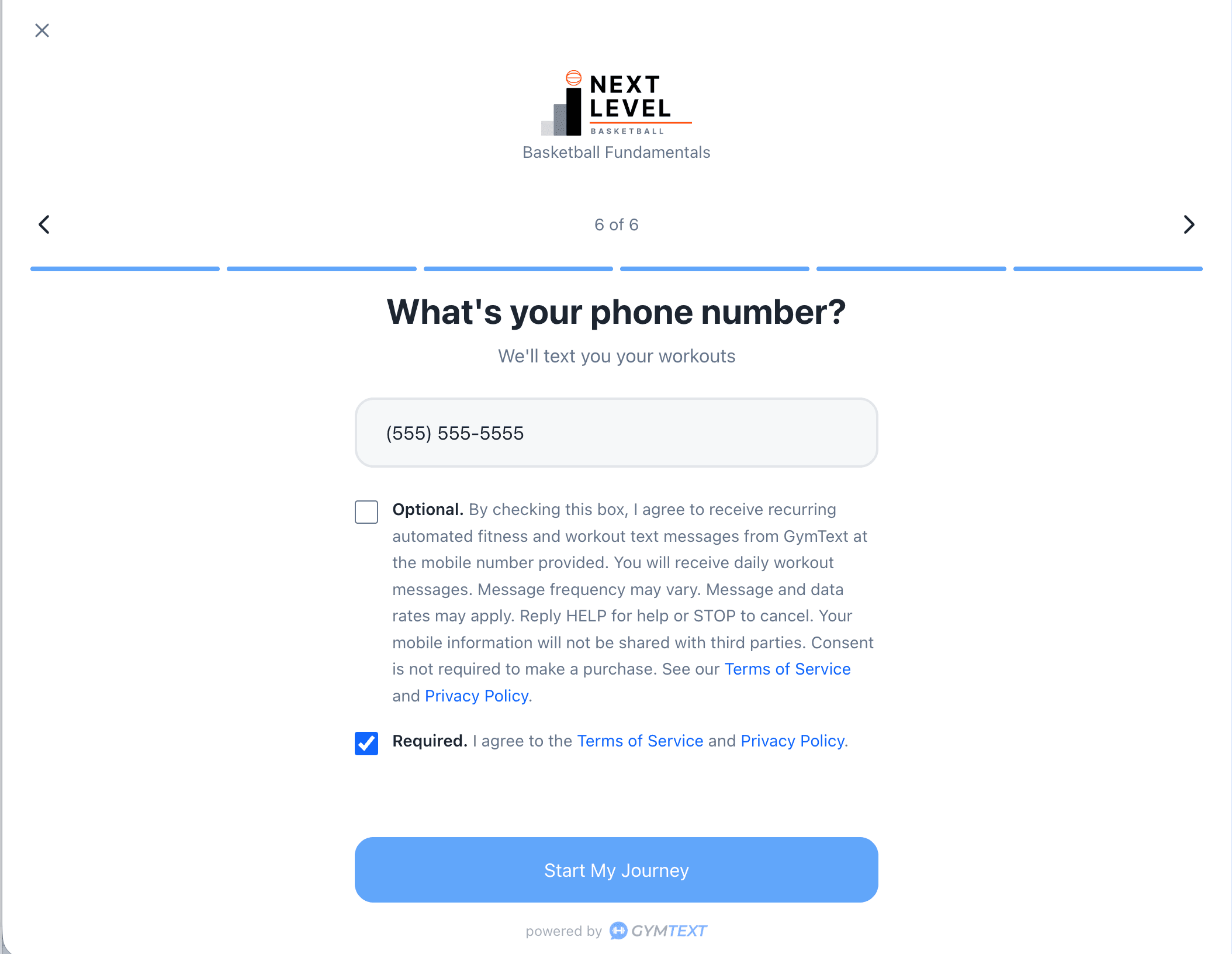 Phone-number question with the Required Terms of Service and Privacy Policy box checked. The Start My Journey button is enabled.