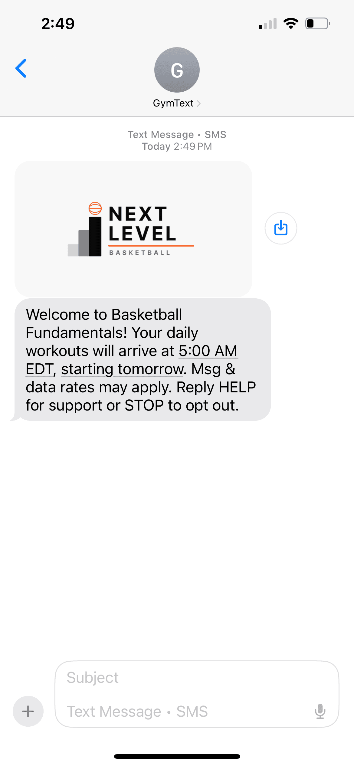 Real iPhone screenshot of the welcome SMS confirming the Basketball Fundamentals program and the daily workout time.