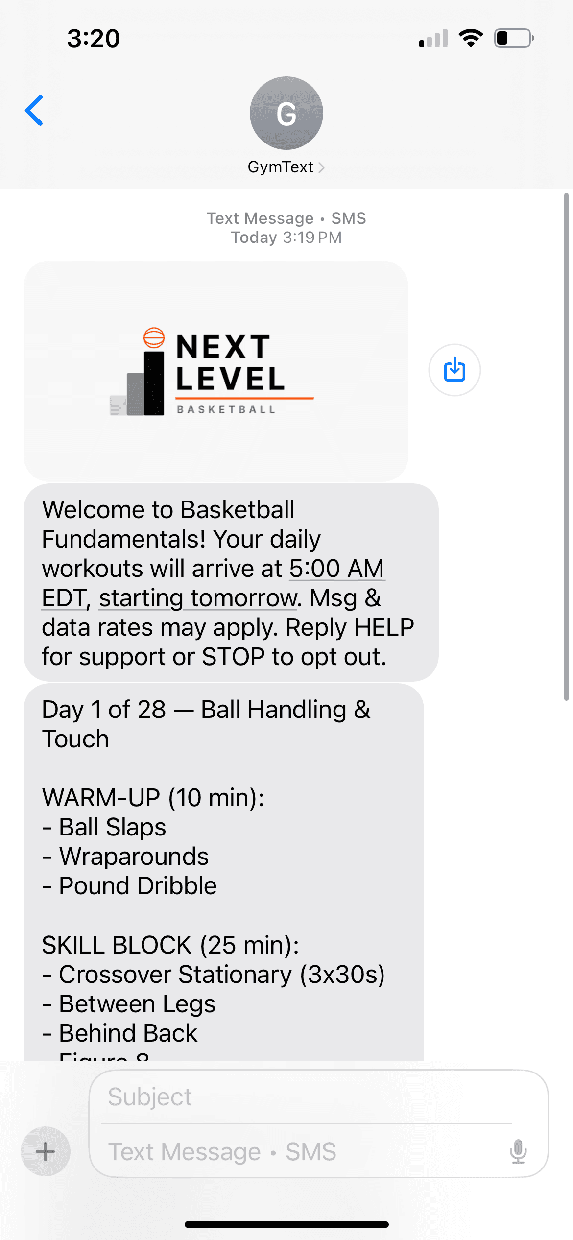 Real iPhone screenshot showing a Day 1 daily workout SMS following the welcome message.