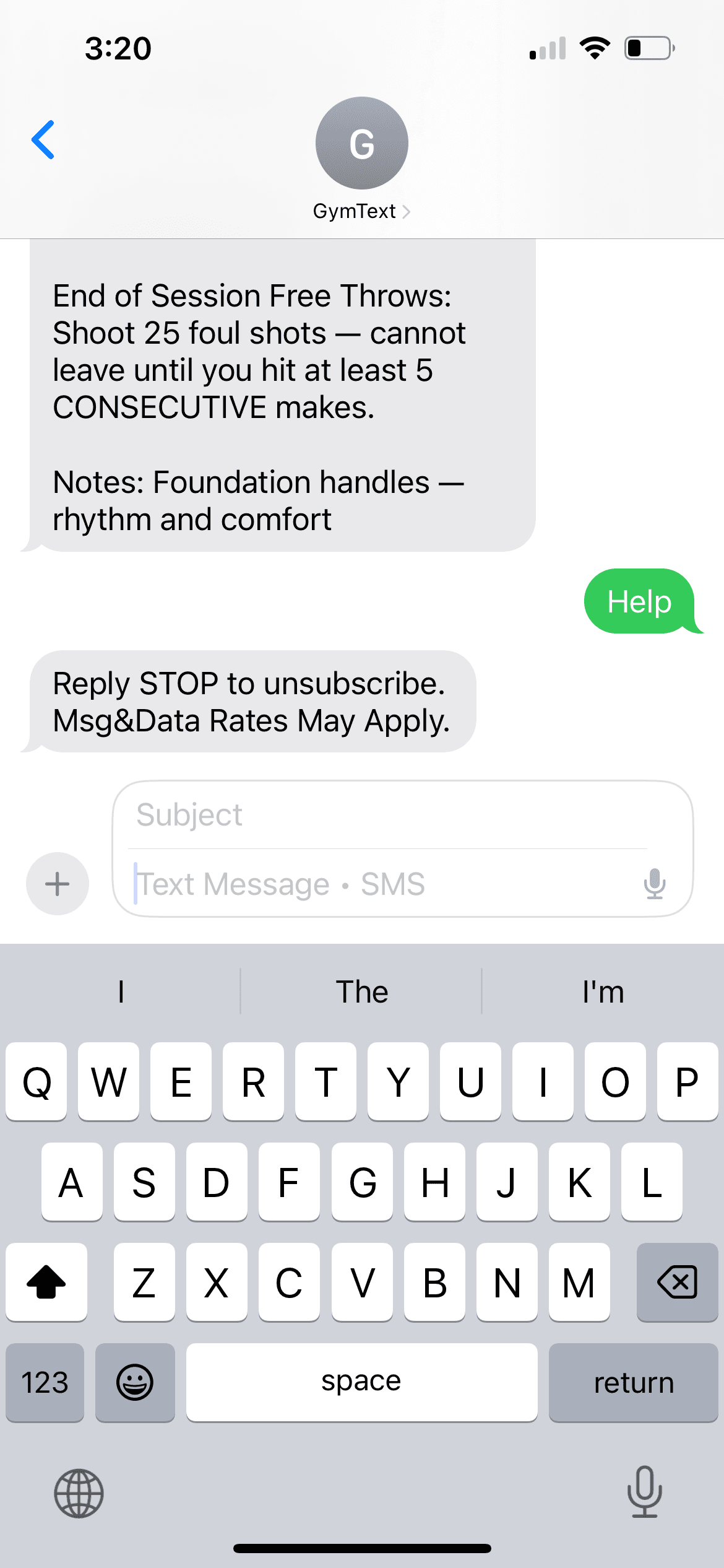 iPhone screenshot of the auto-reply that follows when the user texts HELP.