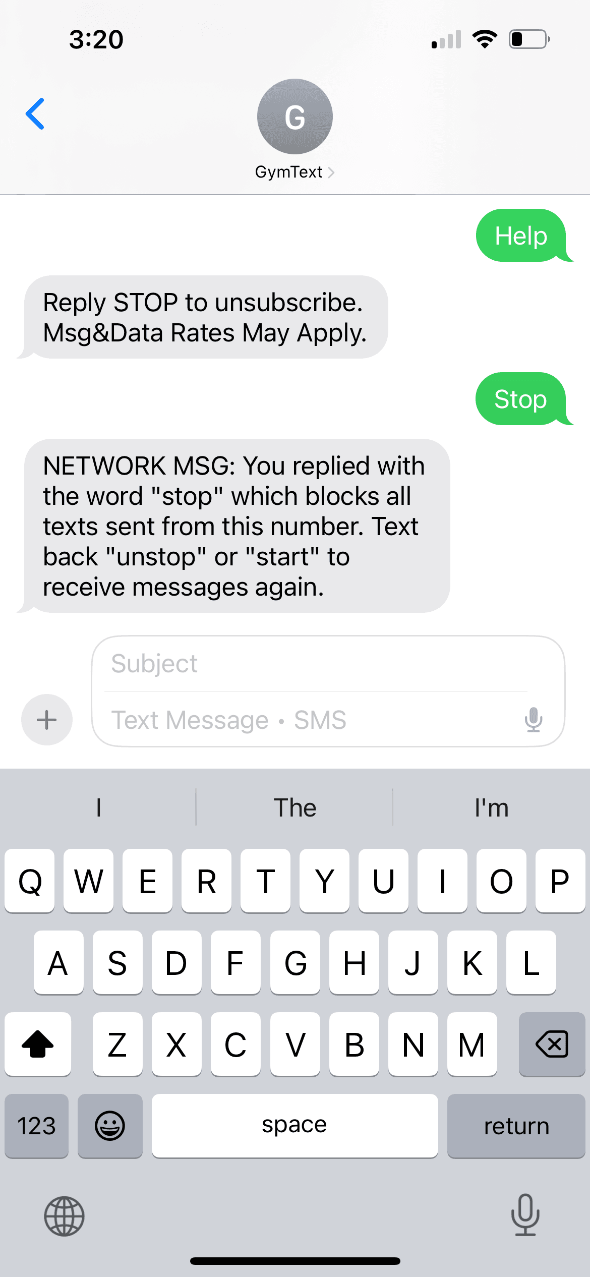 iPhone screenshot of the carrier confirmation that follows when the user texts STOP.