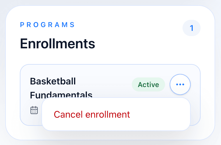 Account settings showing the Programs card with an active Basketball Fundamentals enrollment and a Cancel enrollment menu option.